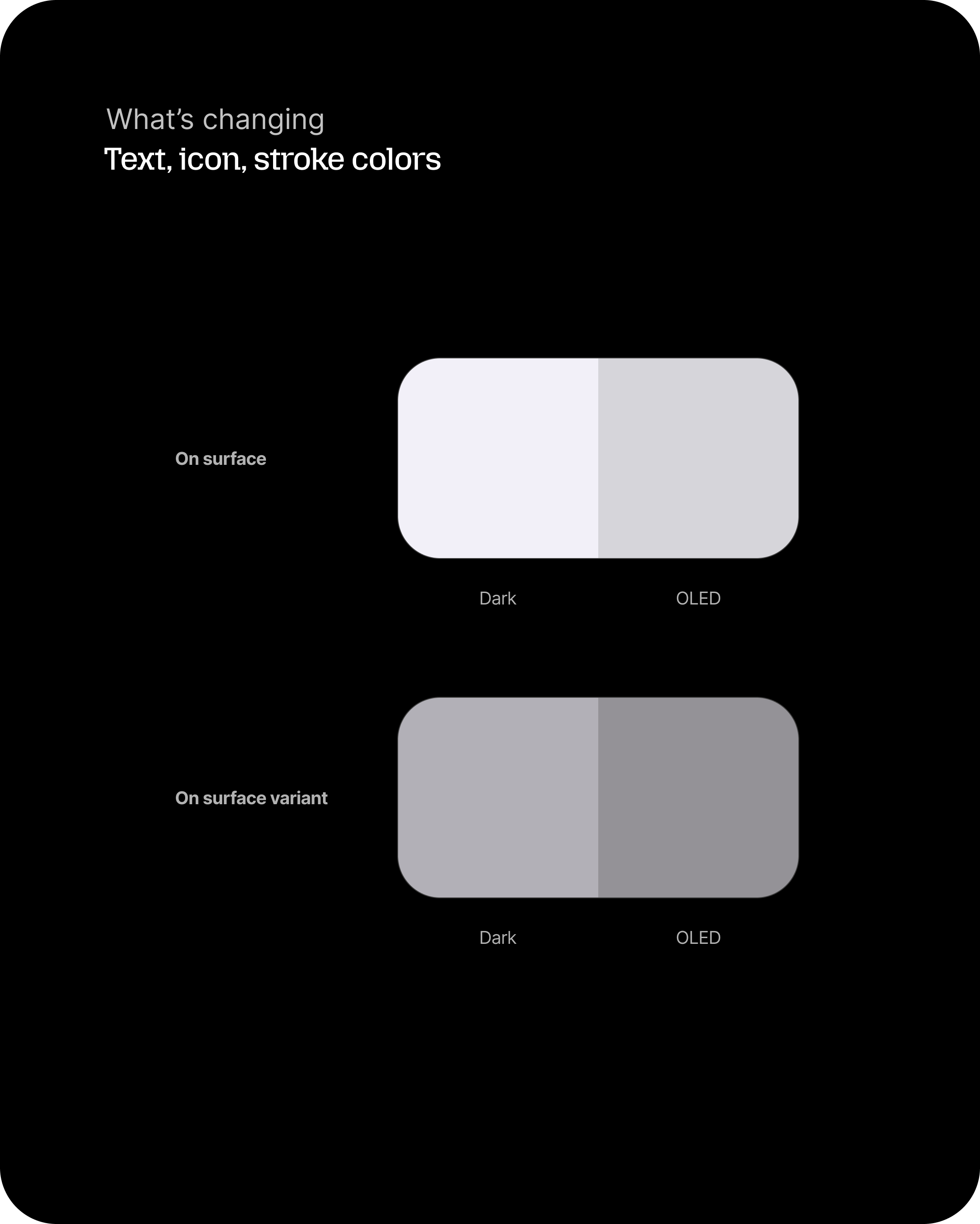 What’s changing: on surface and on surface variant colors in Dark versus OLED