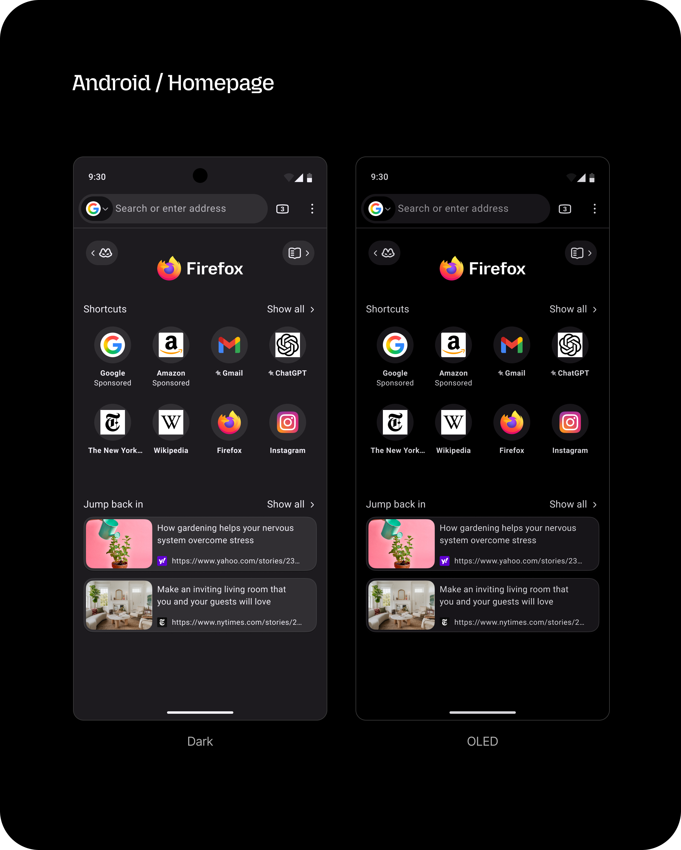 Android homepage in Dark versus OLED