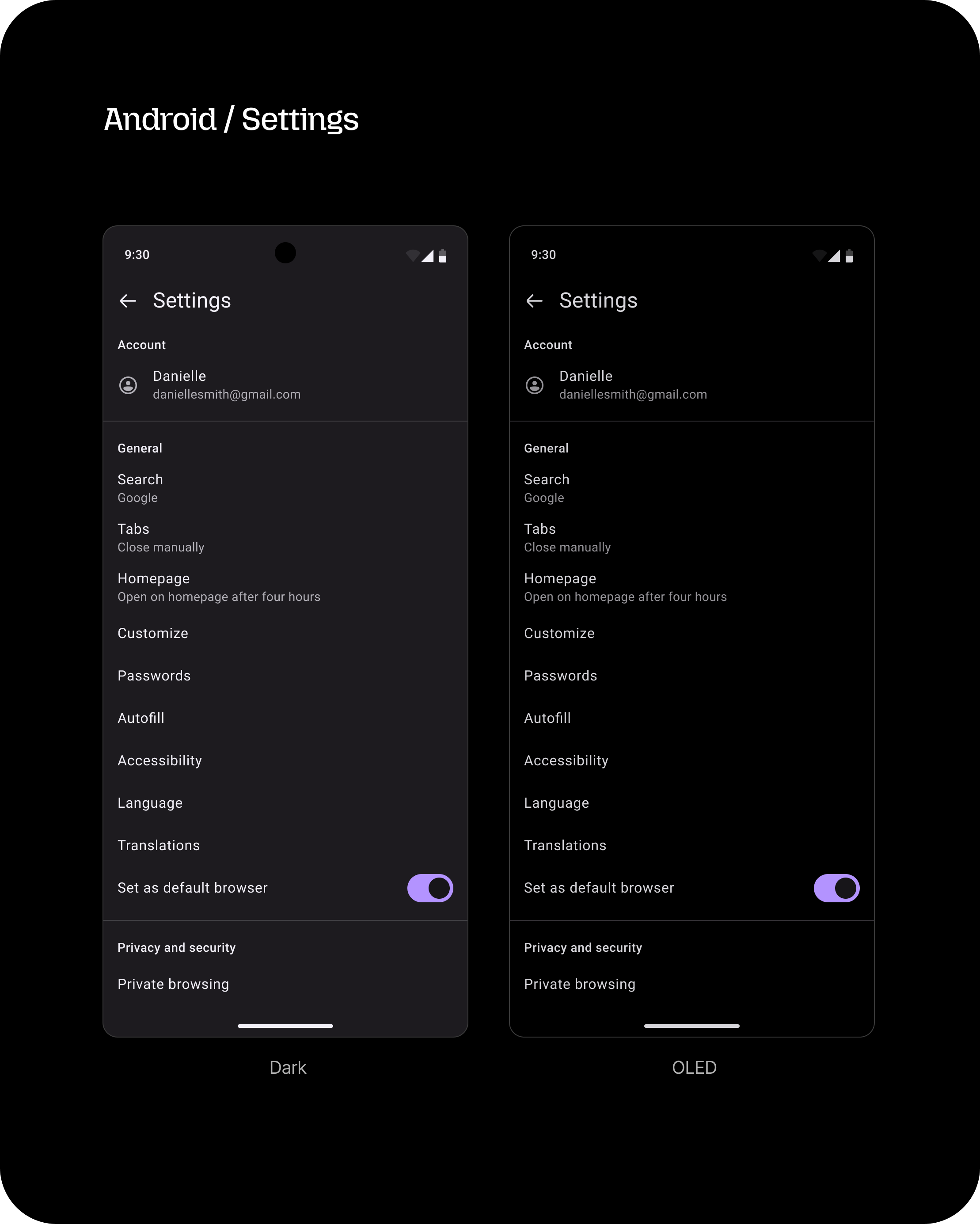 Android settings in Dark versus OLED